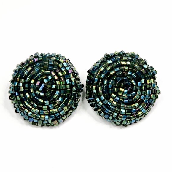 Iridescent Blue Beaded Clip-On Earrings Vintage 1960s-70s Statement Jewelry - Picture 2 of 4
